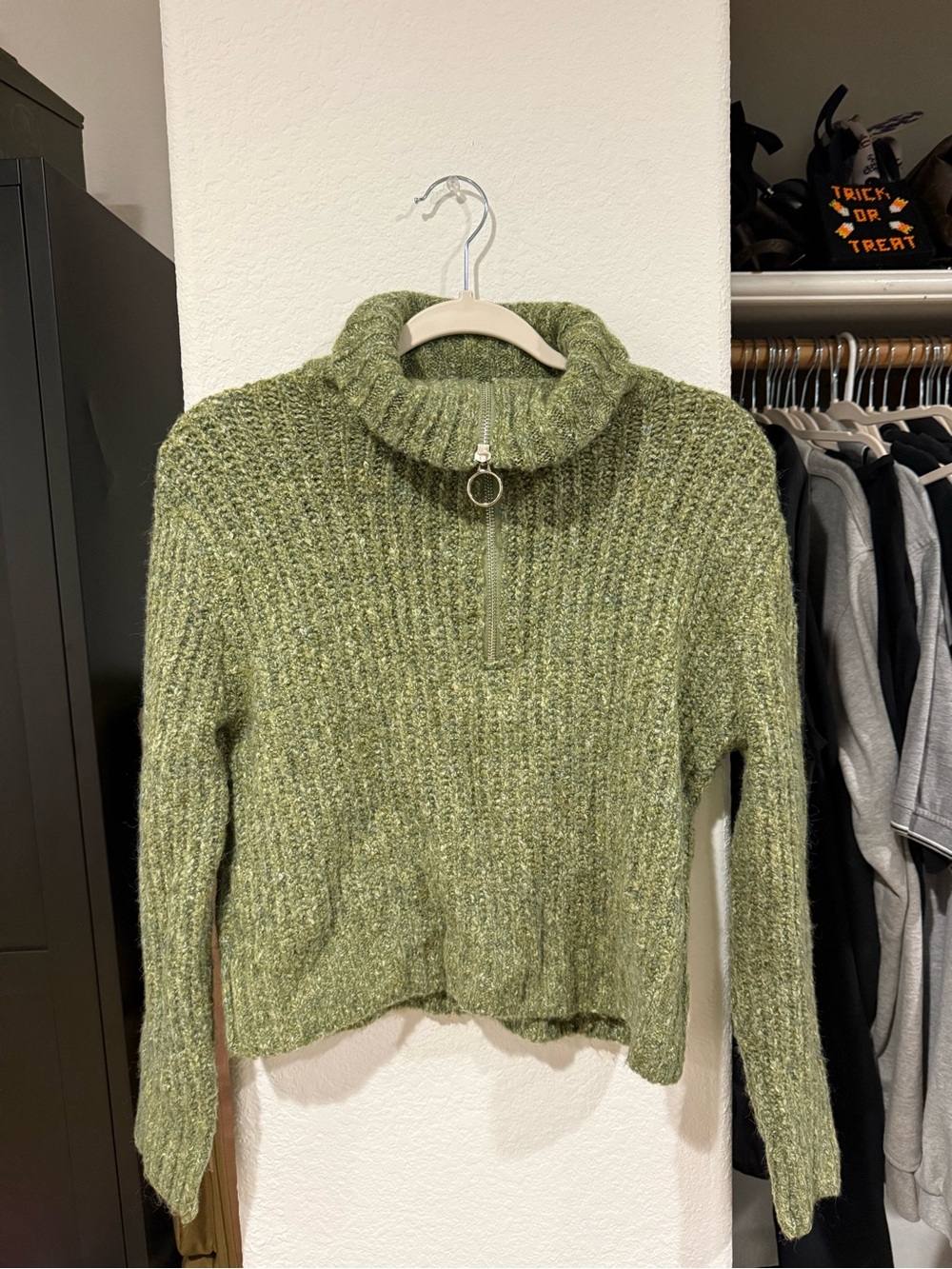Olive Green Half-Zip Ribbed Sweater